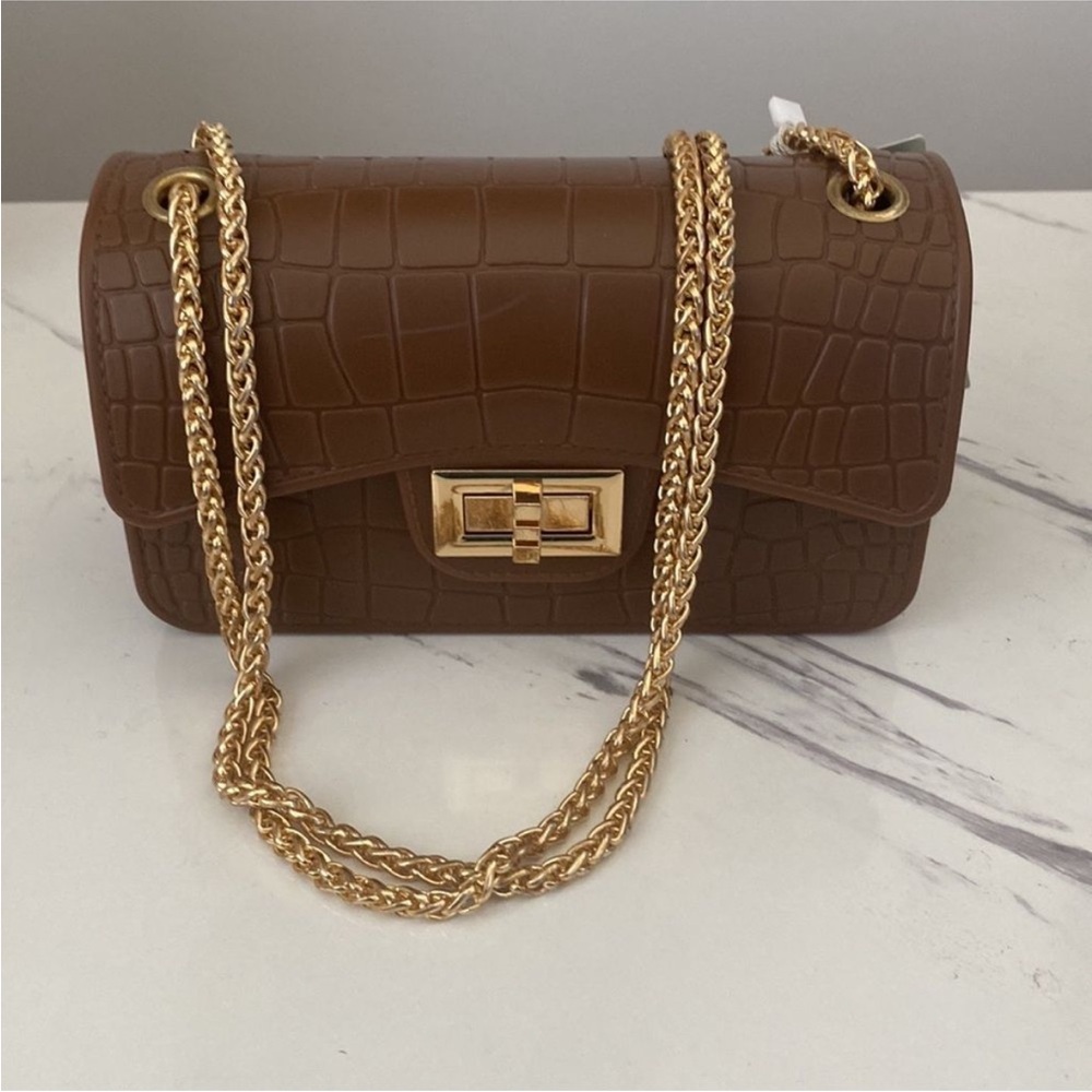 Brown Croc-Embossed Chain Shoulder Bag - Picture 2 of 4